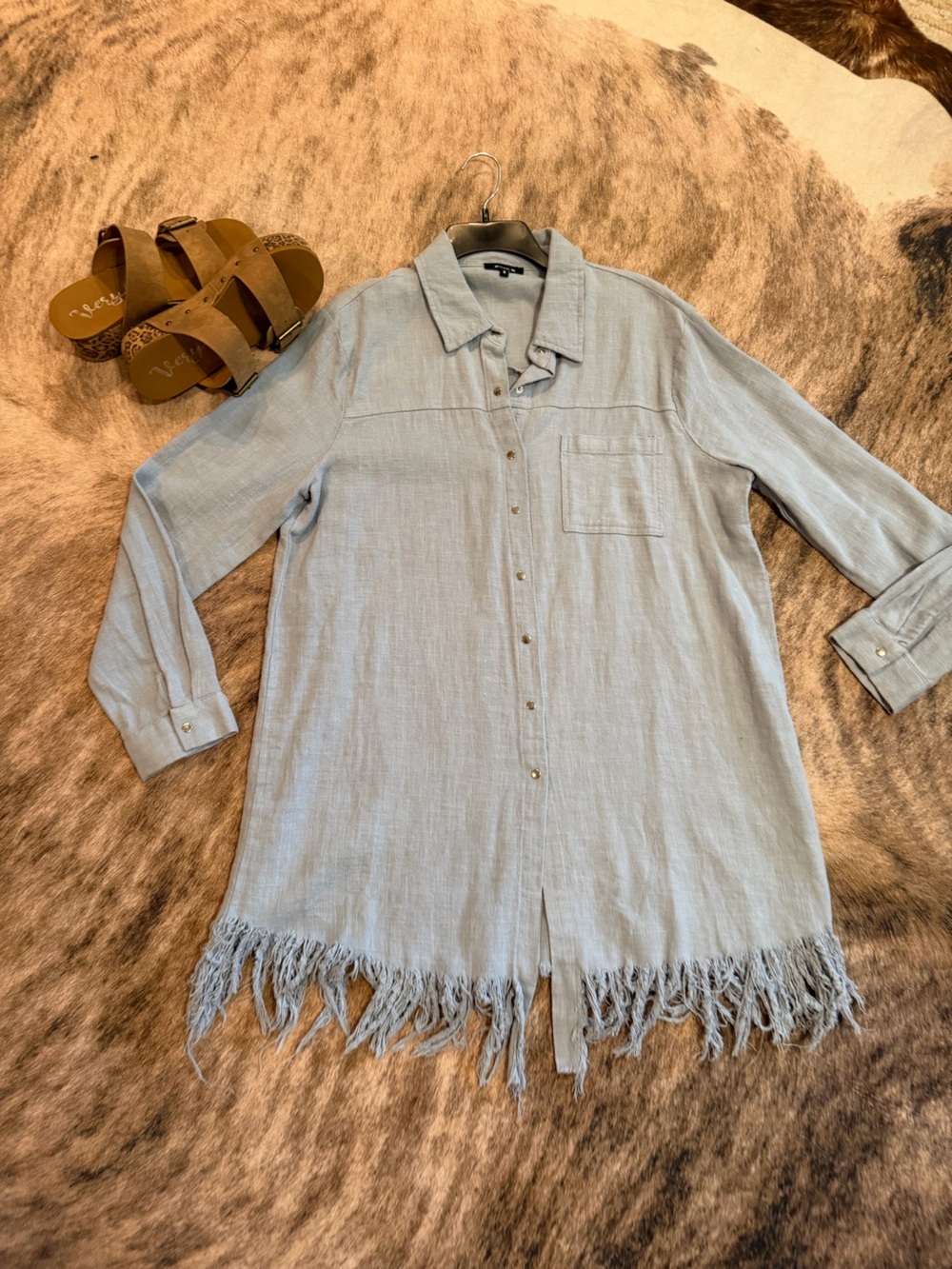 Light Blue Fringe Hem Midi Shirt Dress